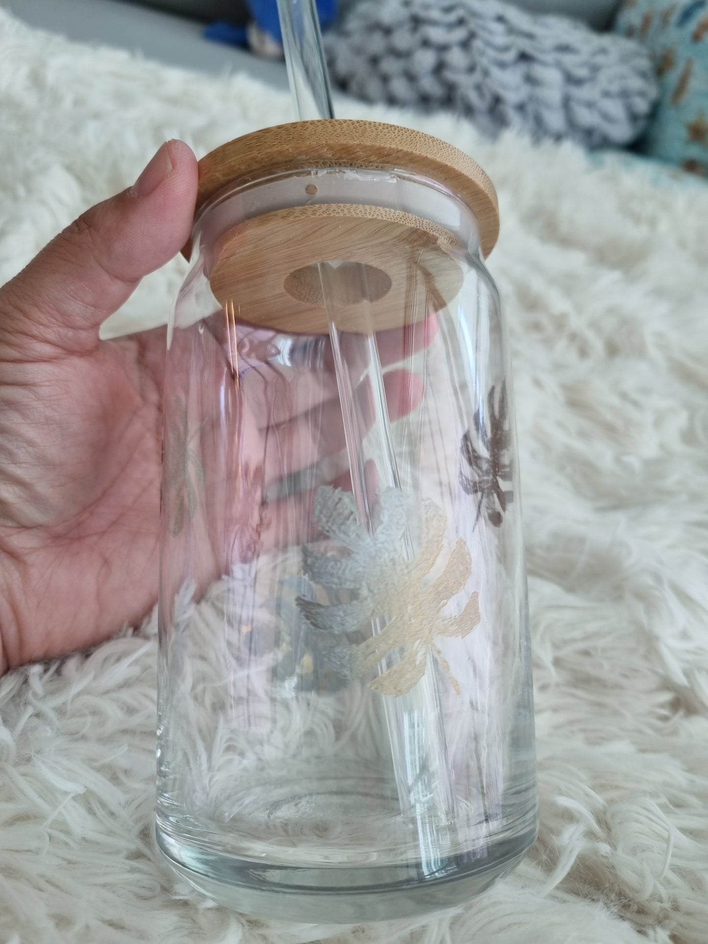 Bi-tonal Leaves - 16 Oz Glass Beer Can w/Lid and Glass Straw