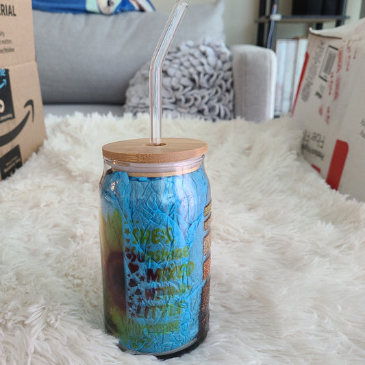 Sunflower - 16 Oz Glass Beer Can w/Lid and Glass Straw