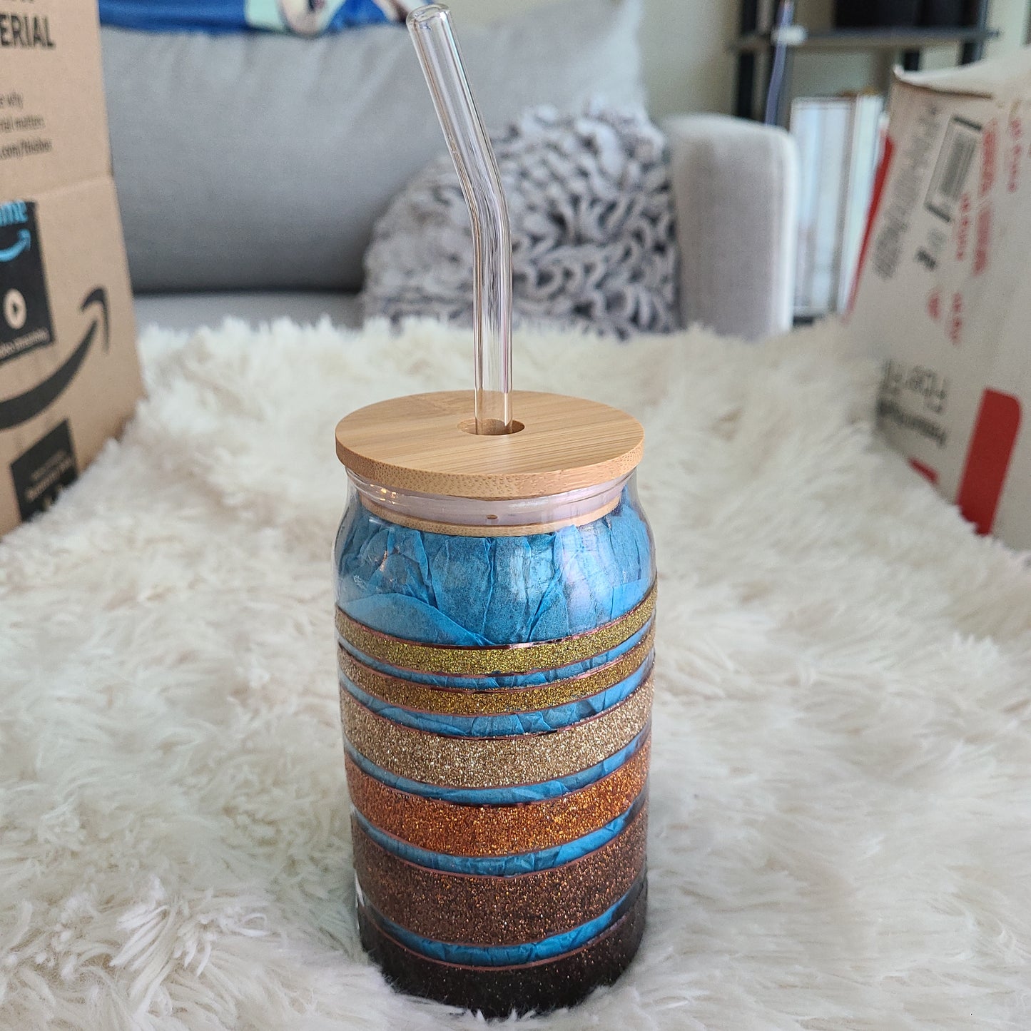 Sunflower - 16 Oz Glass Beer Can w/Lid and Glass Straw