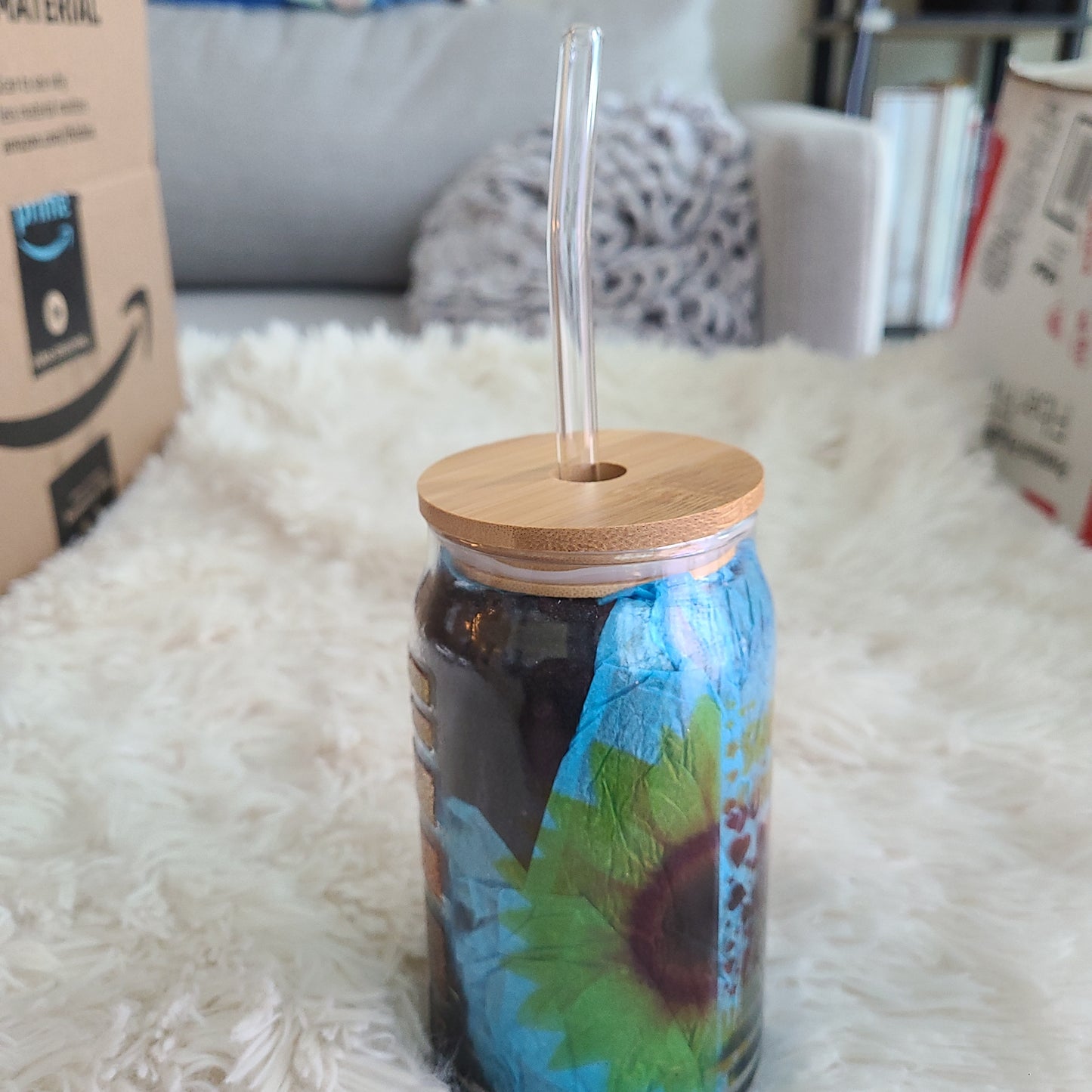 Sunflower - 16 Oz Glass Beer Can w/Lid and Glass Straw