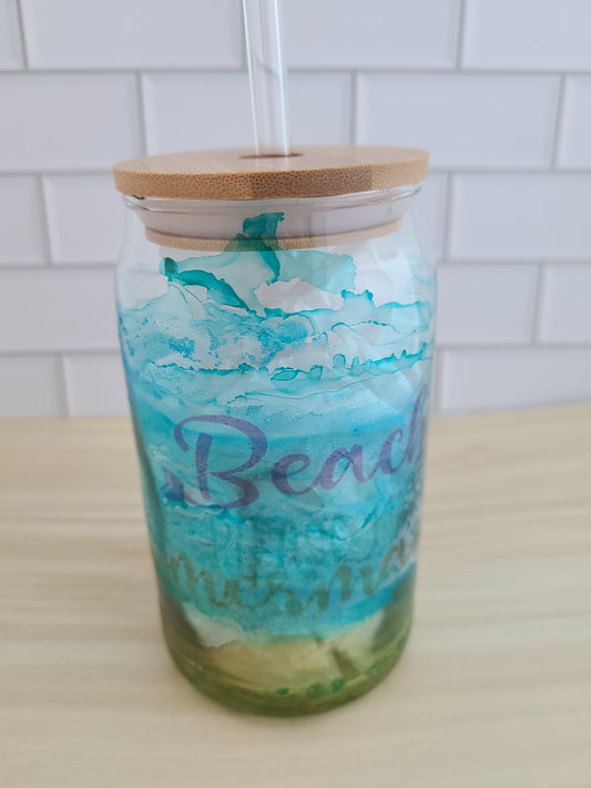 Beach Please Mermaid - 16 Oz Glass Beer Can w/Lid and Glass Straw