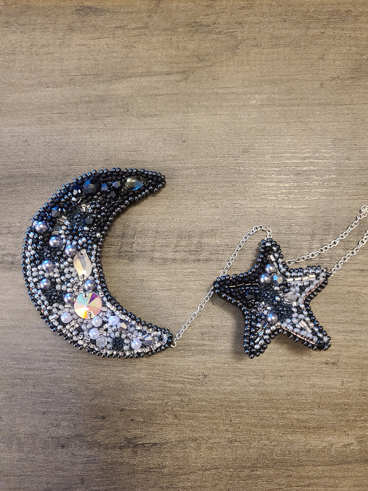 Moon and Stat Beaded Embroidery Pin