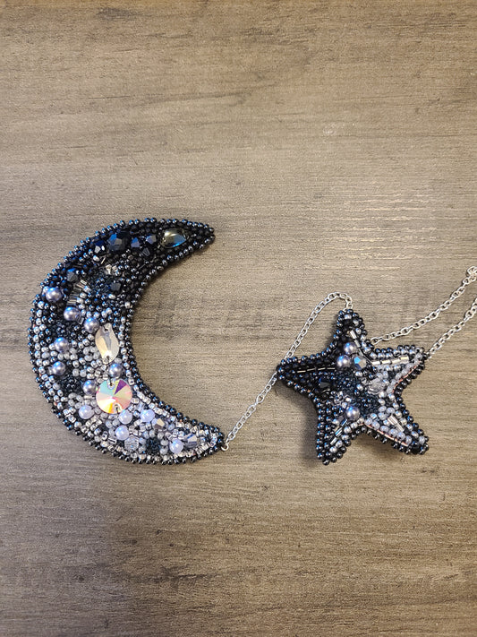 Moon and Stat Beaded Embroidery Pin